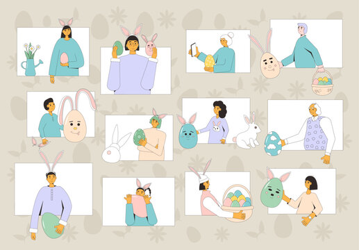 Easter traditions exchange gifts online. People with eggs, bunny ears celebration spring holiday together from afar. Vector flat illustration