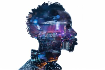 Fototapeta premium Innovative double exposure artwork showcasing african male, side shot, filled with a bustling johannesburg at night, blue and purple shades, ultra-high resolution 32k, white background