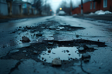 Close-up of a pothole on an asphalt road with water reflections - obrazy, fototapety, plakaty