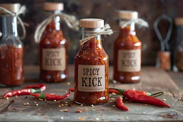 Poster Im Rahmen Product photography of a bottle of artisanal hot sauce with chili peppers, labeled with "SPICY KICK" --ar 3:2 --v 6 Job ID: 336ad9d8-b927-495c-a003-042ecf88e61c © Artem