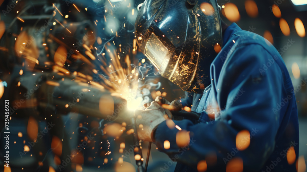 Wall mural worker in protective gear using a welding tool on metal, with sparks flying around in an industrial setting. - Wall murals