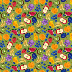 Naklejka premium Seamless fruit pattern, Colourful fruit background, Healthy vitamins print, Wrapping and packaging design, Fabric and Textile print, Summer trendy wallpaper