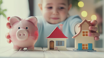 child's face in the background, with a focus on a piggy bank and toy house in the foreground