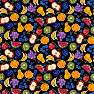 Seamless fruit pattern, Colourful fruit background, Healthy vitamins print, Wrapping and packaging design, Fabric and Textile print, Summer trendy wallpaper