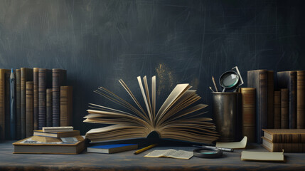 open book in the foreground on a wooden desk with a pot of colored pencils to the right, and stacks...