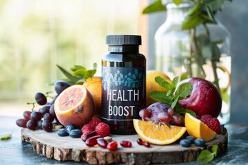 Product photography of a bottle of vitamins and supplements with fruits, labeled with "HEALTH BOOST" --ar 3:2 --v 6 Job ID: a1388ad0-a92e-410f-ba62-3f18b1c77937