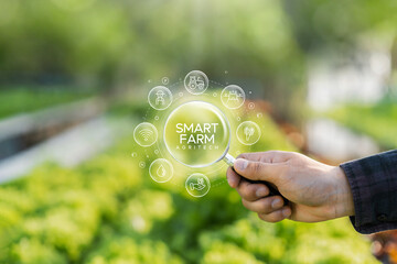 Farmer's hand holding a magnifying glass in smart data inspection technology and send data to the...