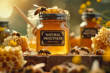 Product photography of a jar of organic honey with honeycomb and bees, labeled with "NATURAL SWEETNESS" --ar 3:2 --v 6 Job ID: b2c1aa82-9c96-4476-9895-e4847244ce92