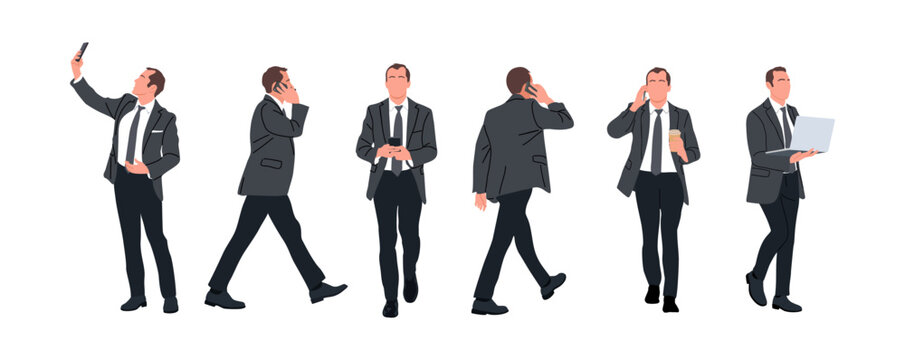 Set of Businessman character in different poses. Handsome man wearing formal suit standing and walking, using phone, laptop, front, back and side view. Vector realistic illustration isolated on white.