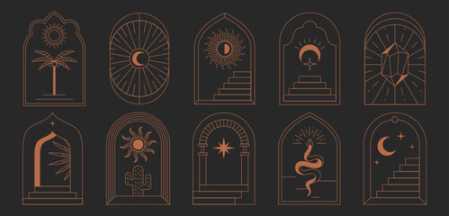 Boho frames in trendy linear style. Bohemian logos, mystical borders with minimal surreal door stairs, sun, moon, palm, cactus and esoteric symbols. Mystic staircase and arch set with magic elements. © redgreystock