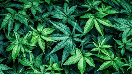 A birds eye view reveals lush cannabis bushes thriving under the sun, their verdant leaves and resinous buds symbolizing the burgeoning cannabis industry. - obrazy, fototapety, plakaty
