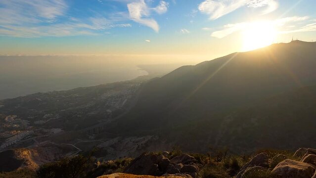 Sunset over Mediterranean sea  and Fuengirola from Calamorro peak, Costa del Sol, Andalusia, Spain