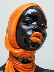 Glossy Black Mannequin with Vibrant Orange Accents in a Portrait