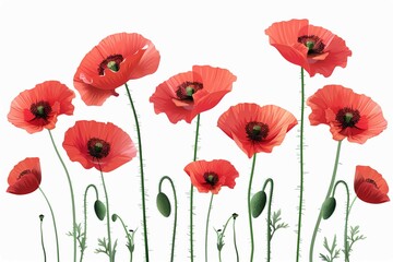 Blooming bright red poppy flowers with stem, floral design element vector Illustration on a white background
