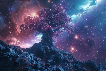Cosmic nebula growing gigantic tree, growing on asteroid, universe, majestic, dreamy, extraterrestial planet. Generative AI
