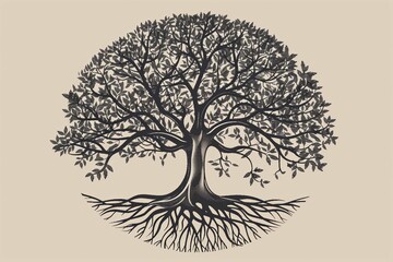 Tree and roots vector, tree with round shape
