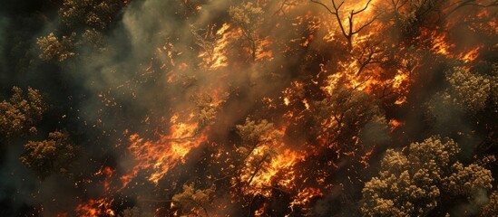 Inferno engulfing lush forest foliage in a devastating wildfire disaster - obrazy, fototapety, plakaty