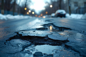 Close-up of a potholed city street in winter twilight - obrazy, fototapety, plakaty