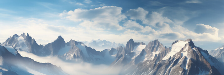 Top view of a mountain from an airplane. Breathtaking view through the clouds, illuminated by the soft light, natures grandeur. Inspiring view of snow-covered peak