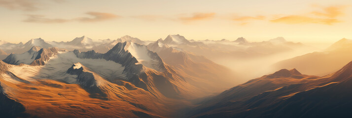 mountain valley bathed in the warm, golden light of sunset. The play of light and shadow...