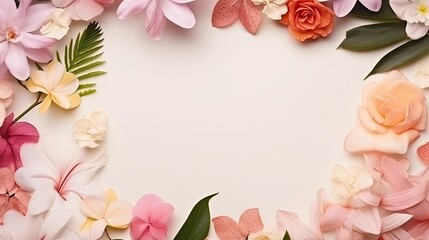Creative layout made of flowers and leaves with paper card note, flat lay with copy space