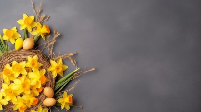 Spring season theme, Daffodil flowers decorations with free space for text. Generative AI