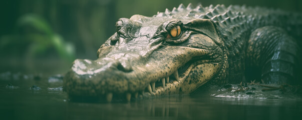 Obraz premium Scary crocodile with sharp teeth sits in water in habitat. Sinuous muscles ripple beneath scaly hide attesting to power and predatory prowess