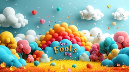 April Fool's Day greeting card template. Funny cartoon illustration with colorful balloons on a blue background