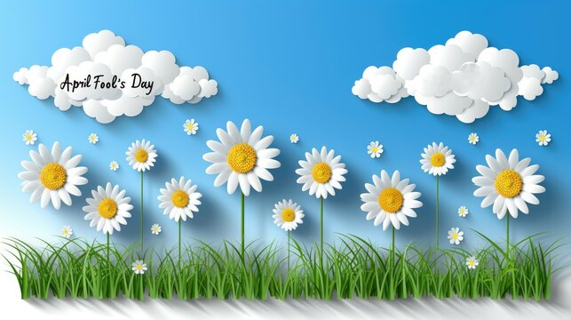 A field of bright daisies and fluffy clouds with the inscription April Fool's Day float across the sky on a blue background