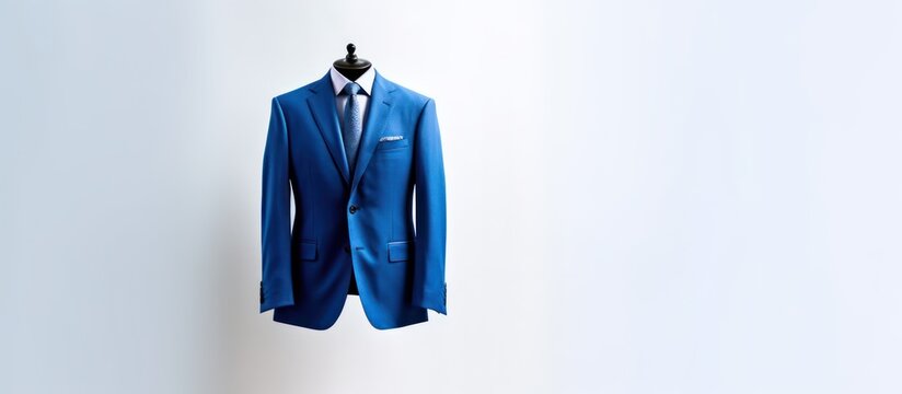 a blue suit is displayed on a white background copy space