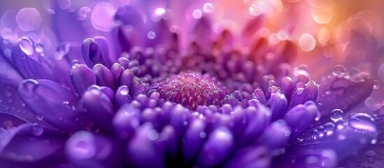 Glistening purple flower covered in dew drops in garden after rain