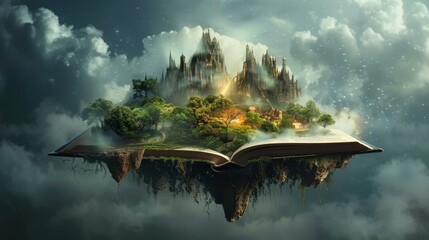 Fantasy World Emerging from Open Book on Ethereal Background