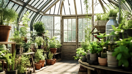 Fototapeta na wymiar Under the radiant sun, a greenhouse brimming with exotic plants is showcased, offering a glimpse of vibrant foliage and botanical wonders on a bright, sunny day.