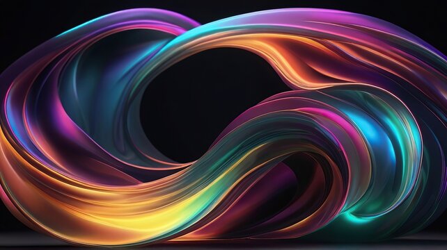 Abstract holographic waves in neon colors swirl dynamically against a dark backdrop