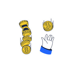Illustration of a flat-style money icon, depicting the concept of time and money through a hand catching a coin. Financial vector artwork to passive income.
