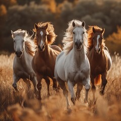 Obraz premium A group of wild horses galloping across an open field, their flowing manes and tails creating a sense of freedom and untamed beauty 