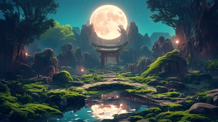 Moonlit Zen Garden with Tranquil Pond and Moss-Covered Rocks - obrazy, fototapety, plakaty