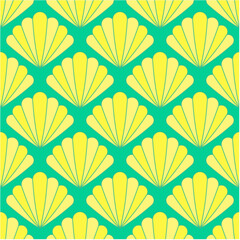 Seamless pattern design with art deco style seashells motifs. Art Deco Seashells in bright yellow and tropical green. Seamless pattern design.