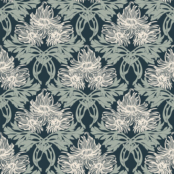 Art Nouveau Floral Seamless Pattern Design. Vintage seamless pattern with white flowers. Art nouveau style. Vector illustration. Vintage Fabric, textile, wrapping paper, textiles, wallpaper. © Moab Republic