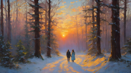 landscape with couple love walking in the snow painting