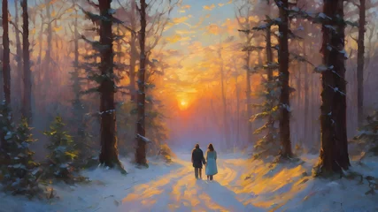 Papier Peint photo Cappuccino landscape with couple love walking in the snow painting