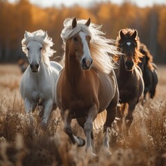 Obraz premium A group of wild horses galloping across an open field, their flowing manes and tails creating a sense of freedom and untamed beauty 