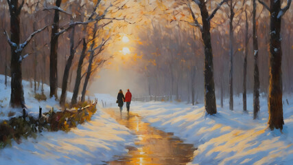 landscape with couple love walking in the snow painting