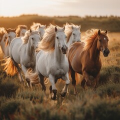 Obraz premium A group of wild horses galloping across an open field, their flowing manes and tails creating a sense of freedom and untamed beauty 