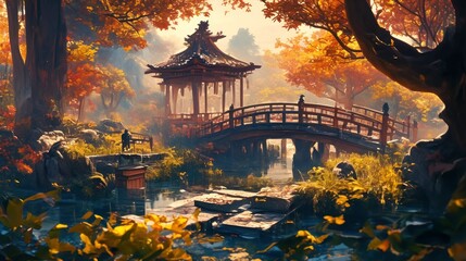Zen Garden with Bridge, Stream, and Secluded Pagoda, surrounded by autumnal maple trees. - obrazy, fototapety, plakaty
