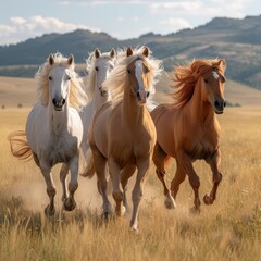 A group of wild horses galloping across an open field, their flowing manes and tails creating a sense of freedom and untamed beauty 