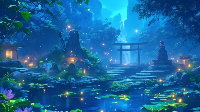 Zen Garden at Night, Illuminated by Fireflies, with a gently flowing waterfall and a pond full of lily pads. , fantasy scenery. digital artwork. fantasy illustration
