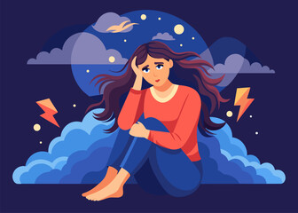 Woman in PTSD, depression, anxiety and Mental Health problem vector illustration in abstract background