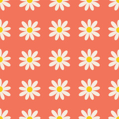 Retro white daisy seamless pattern design. Floral vector pattern with repeating daisy like flowers on bright orange background.