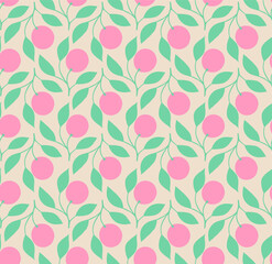 Retro Seamless Pattern With Fruit On Branch Motifs. Pink Round Fruit With Mint Green Leaves In A Seamless Repeat Print.